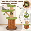 A cat tree with a cat on it, surrounded by marketing text and close-up images of its features. Náhled obrázku produktu