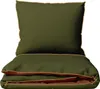A folded duvet and a pillow, both with green fabric and brown trim, are shown against a white background. Produktbild-Vorschau