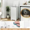 A bathroom scene with a white laundry cabinet, a washing machine, and a bathtub. The image is divided into sections highlighting product features. Podgląd zdjęcia produktu