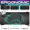 Marketing image showcasing the features of a gaming desk, including a mousepad, drink holder, and headset holder, with an ergonomic design illustration. Produktbild-Vorschau