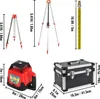 A collage of images showing a laser level, tripods, a measuring rod, and a carrying case, with dimensions indicated. Produktbild-Vorschau