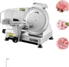 A commercial meat slicer is shown in a studio setting with several small images of sliced meat around it. Náhled obrázku produktu