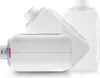 Three white portable heaters are arranged in a studio shot against a white background. Voir les images du produit