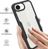 A hand is holding a clear phone case with a black border, showcasing its features with icons and text. Produktbild-Vorschau