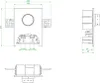 Technical drawings of a thermostat unit with dimensions and connection labels. Produktbild-Vorschau