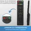 A remote control is shown from the front and side, with a close-up inset of a portion of the remote and text describing its functions. Produktbild-Vorschau