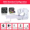 A collage of images showcasing a sewing machine and its accessories, with text descriptions. Produktbild-Vorschau