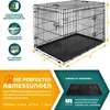 A dog cage with dimensions and feature callouts. Produktbild-Vorschau