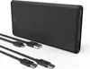 A black power bank with three charging cables in front of it, on a white background. Produktbild-Vorschau
