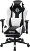 A white and black gaming chair with a footrest and lumbar support, shown from the front. Podgląd zdjęcia produktu