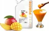 A pouch of mango puree with fresh mangoes and a glass of mango puree. Podgląd zdjęcia produktu