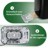 Two images showing features of a toaster. The top image shows a crumb tray being pulled out. The bottom image shows the underside of the toaster with the cord wrapped for storage. Produktbild-Vorschau