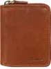 A close-up, front-facing view of a brown leather wallet with a zipper closure. Produktbild-Vorschau