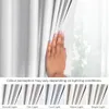 A hand is parting white curtains, with a series of images below showing the curtains under different lighting conditions. Produktbild-Vorschau