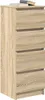 A tall, narrow chest of drawers with five drawers, made of wood-effect material, is shown against a white background. Two books are stacked on top of the chest. Podgląd zdjęcia produktu