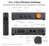 A product image showing a HiFi preamplifier and its remote control, with labels and descriptions of its features. Produktbild-Vorschau