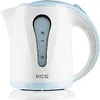 A white and blue electric kettle is shown against a white background.