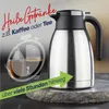 A stainless steel thermal carafe is shown on a stone surface, with text and graphics indicating its use for hot beverages. Produktbild-Vorschau