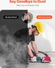 A split image showing a construction worker using a grinder with and without a dust shroud. The left side shows a cloud of dust, while the right side shows the dust being contained by the shroud. Anteprima dell’immagine prodotto
