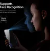 A person holding a smartphone, with a digital representation of face recognition scanning their face. Produktbild-Vorschau