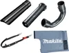 A collection of accessories for a Makita leaf blower, including tubes, a strap, and a collection bag. Produktbild-Vorschau