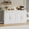 A white sideboard buffet with wooden top and gold handles, set in a room with a shelf above and a rug below. Anteprima dell’immagine prodotto