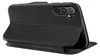 A black flip case for a smartphone is shown from a side angle, with the front cover open. Produktbild-Vorschau
