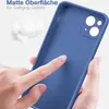 A hand is touching the back of a blue phone case, highlighting its matte surface and soft grip. Produktbild-Vorschau