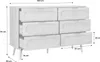A 3D rendering of a white dresser with wood accents and rattan drawer fronts, showing dimensions. Anteprima dell’immagine prodotto