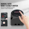 A hand is shown pressing a button on a black electronic device with a digital display, with text overlays explaining its features. Produktbild-Vorschau