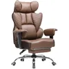 A brown ergonomic office chair with a headrest and footrest, shown from the front on a white background. Podgląd zdjęcia produktu