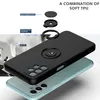 A black phone case with a ring holder is shown disassembled with its components, placed over a light blue phone. Produktbild-Vorschau