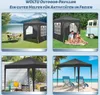 Collage of four images showing a black outdoor pavilion in different settings: by a lake with a picnic table, at a campsite with a family, on a patio with furniture, and on a beach with chairs. Produktbild-Vorschau