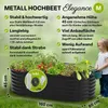 A raised garden bed filled with plants, with a child watering it. The image includes text overlays highlighting product features. Produktbild-Vorschau