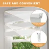 Close-up views of a white roller blind with horizontal stripes, highlighting its fastening mechanism and chain operation. Voir les images du produit