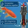 An aquarium heater is shown next to a goldfish in a blue aquarium. Produktbild-Vorschau