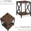 Two views of a rustic-style side table with a wooden top and shelf, supported by a black metal frame with an 'X' design on the sides. Text describes the design and construction. Náhled obrázku produktu