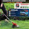 A person is using a red and black grass trimmer in a garden with green grass and pink flowers. Produktbild-Vorschau