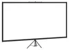 A white projection screen on a black tripod stand against a white background. Produktbild-Vorschau
