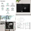 A collage of images showing a black granite kitchen sink, its features, dimensions, and installation context. Produktbild-Vorschau