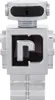 A silver robot-shaped perfume bottle with a black rectangular section on its chest. Voir les images du produit