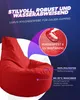 A red beanbag chair is shown with marketing text highlighting its features. Produktbild-Vorschau
