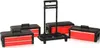 A set of red and black toolboxes with a black trolley stand, arranged on a white background. Produktbild-Vorschau