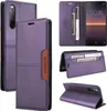 Collage of images showing a purple flip wallet phone case for a Sony Xperia 10 II. Produktbild-Vorschau