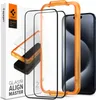 A product shot of a Spigen iPhone 15 Pro screen protector kit, including the screen protectors, an alignment tool, and the packaging. Anteprima dell’immagine prodotto