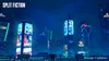 A futuristic cityscape at night with illuminated billboards and two silhouetted figures in the foreground. Podgląd zdjęcia produktu