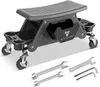 A black rolling stool with storage compartments and wheels, shown with several wrenches and hex keys in the foreground. Náhled obrázku produktu