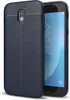 A close-up shot of a dark blue phone case with a textured leather-like finish, placed next to a smartphone. Produktbild-Vorschau