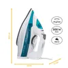A side view of a white and teal steam iron with measurement indicators and feature icons. Produktbild-Vorschau