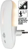 A white motion-activated night light plugged into a wall socket, with illustrative icons and text describing its function. Podgląd zdjęcia produktu